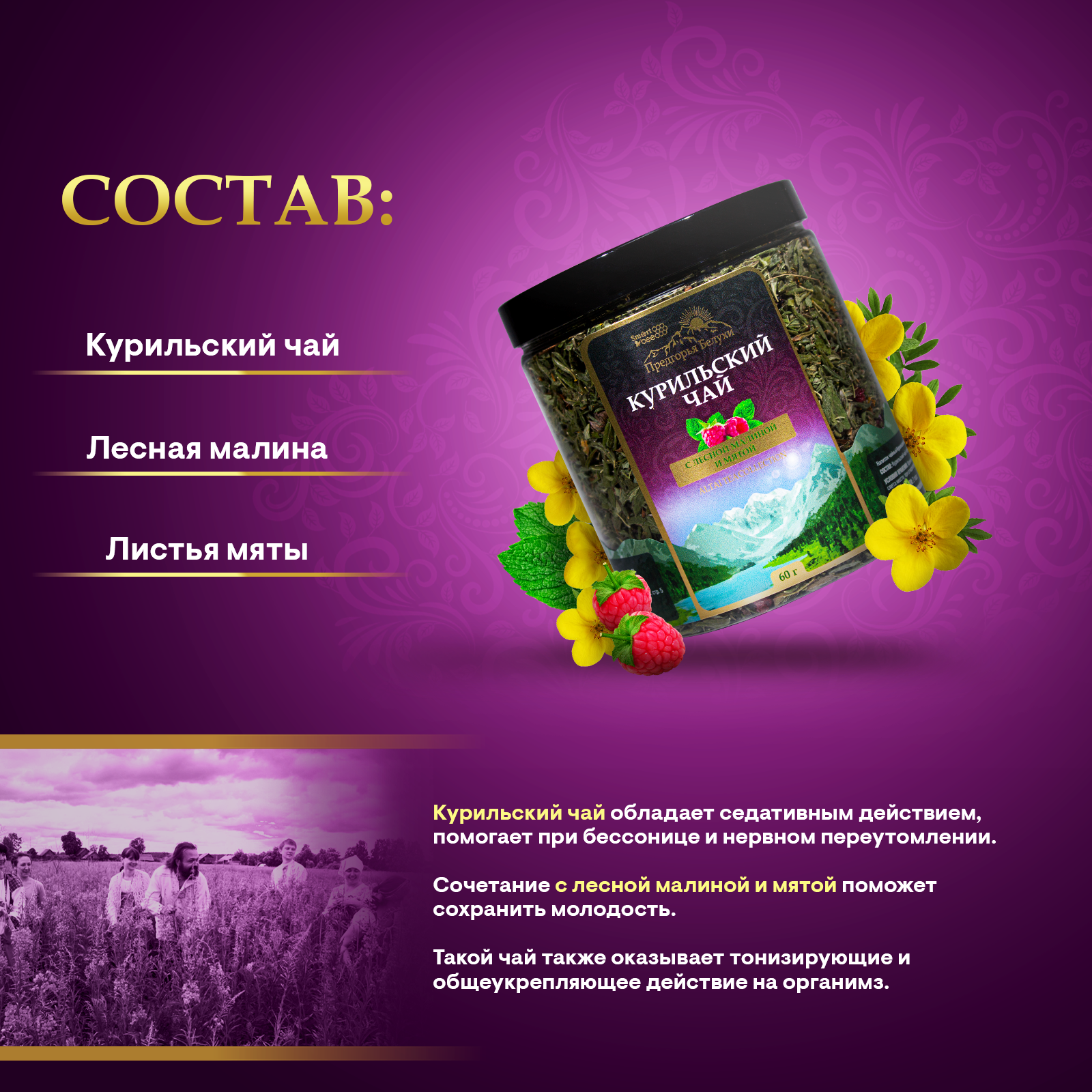 Курильский чай с лесной малиной и мятой, 60 г